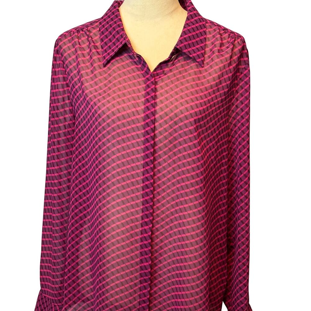 Liz Claiborne Vibrant Purple Pink Sheer Button Up Blouse Cross Plaid Large